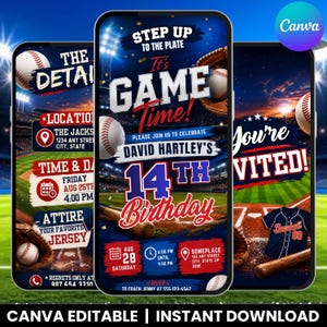 Puede incluir: Una plantilla de invitación digital para una fiesta de cumpleaños con temática de béisbol, con fondo de estadio, pelotas, guante y bate. El texto incluye "Step Up To The Plate", "It's Game Time!", "David Hartley's 14th Birthday" y los detalles.