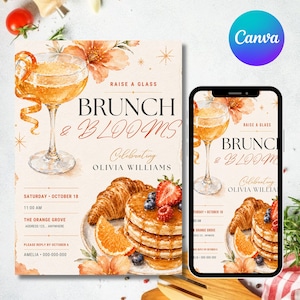 May include: A brunch invitation card featuring watercolour illustrations of a cocktail, a croissant, and a stack of pancakes with strawberries and blueberries. The text reads: Raise a Glass, Brunch & Blooms, Celebrating Olivia Williams, Saturday October 18, 11:00 AM, The Orange Grove, Address 123... Anywhere, Please Reply by October 6, Amelia 000-000-000.