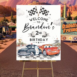 Cars 2nd Birthday Welcome Sign, Lightning McQueen Poster, Editable Digital Birthday Party Decor, DIY, Text, Instant Download