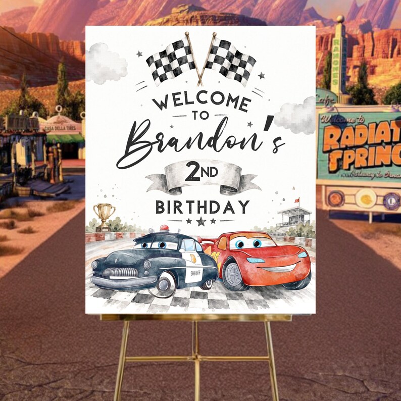 Cars 2nd Birthday Welcome Sign, Lightning McQueen Poster, Editable Digital Birthday Party Decor, DIY, Text, Instant Download