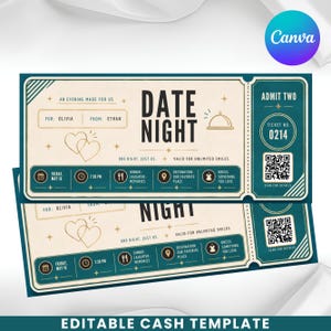 Pode incluir: Um modelo de bilhete para encontro noturno em creme e azul-petróleo escuro com o texto Date Night, Admit Two e o número de bilhete 0214. Inclui um código QR, dois corações delineados, um ícone de campainha e campos para nomes e data.
