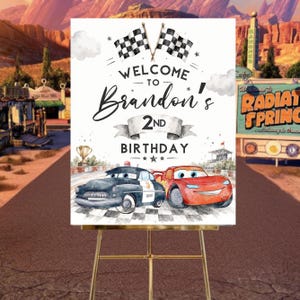 Cars 2nd Birthday Welcome Sign, Lightning McQueen Poster, Editable Digital Birthday Party Decor, DIY, Text, Instant Download