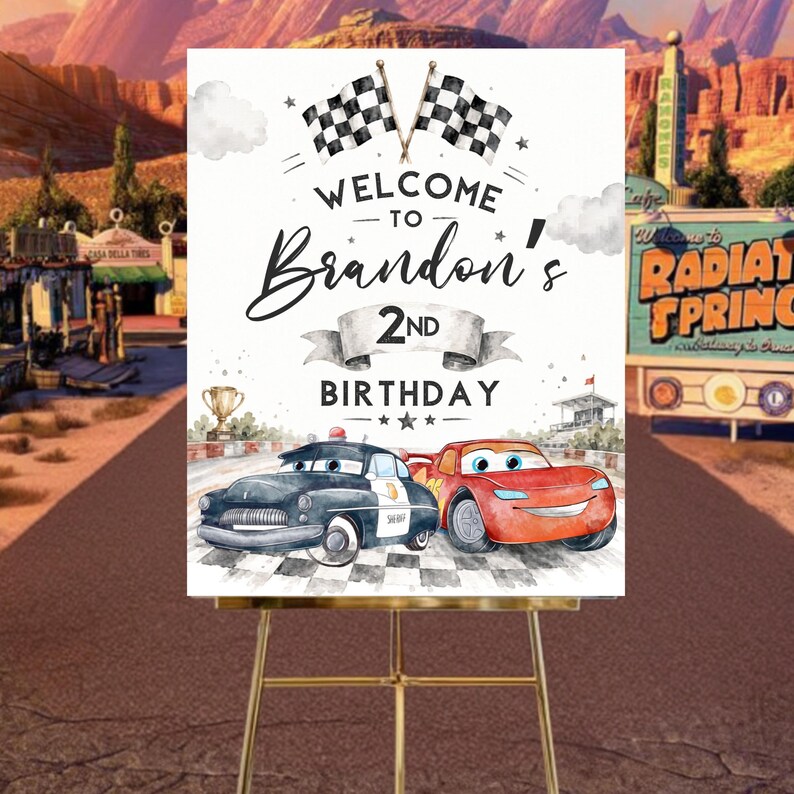 Cars 2nd Birthday Welcome Sign, Lightning McQueen Poster, Editable Digital Birthday Party Decor, DIY, Text, Instant Download
