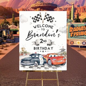Cars 2nd Birthday Welcome Sign, Lightning McQueen Poster, Editable Digital Birthday Party Decor, DIY, Text, Instant Download