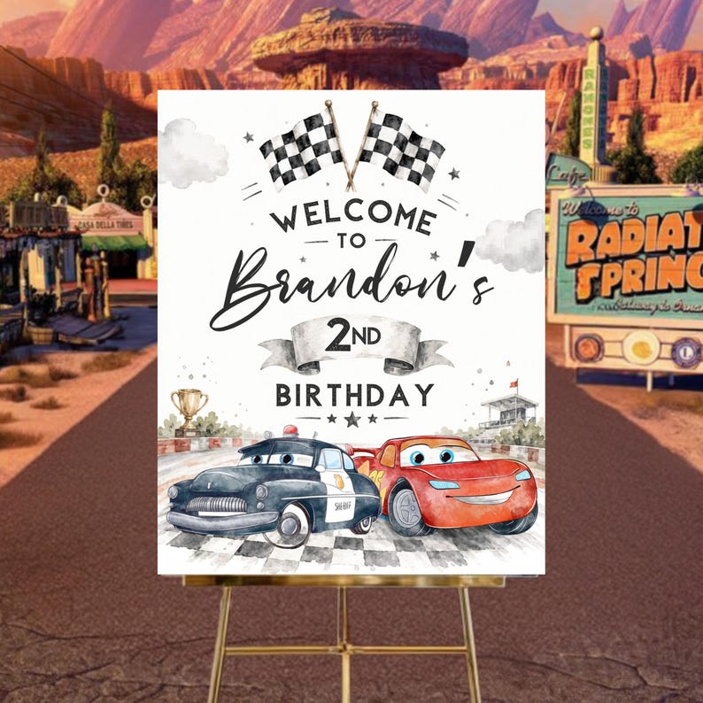 Cars 2nd Birthday Welcome Sign, Lightning McQueen Poster, Editable Digital Birthday Party Decor, DIY, Text, Instant Download