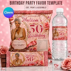 May include: A birthday party favor template featuring a pink and gold design. The template includes a chip bag, water bottle label, and candy bar wrapper, all with the text "Let's Celebrate Malissa's 50th Birthday." The design includes a photo of a woman, roses, and decorative elements.