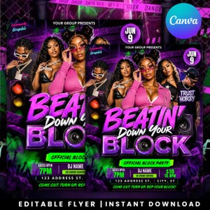 May include: A vibrant purple and black flyer promoting a block party. The flyer features images of several people, the text "BEATIN' DOWN YOUR BLOCK", and event details including the date, time, and location. The flyer is labeled as an editable flyer and instant download.
