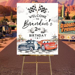 Cars 2nd Birthday Welcome Sign, Lightning McQueen Poster, Editable Digital Birthday Party Decor, DIY, Text, Instant Download