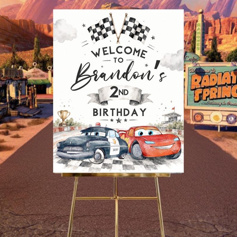 Cars 2nd Birthday Welcome Sign, Lightning McQueen Poster, Editable Digital Birthday Party Decor, DIY, Text, Instant Download
