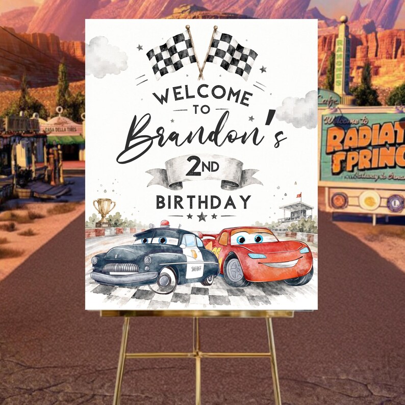 Cars 2nd Birthday Welcome Sign, Lightning McQueen Poster, Editable Digital Birthday Party Decor, DIY, Text, Instant Download