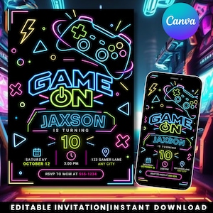 May include: A neon-style digital invitation for a 10th birthday party featuring a game controller graphic, the text GAME ON JAXSON IS TURNING 10, date, time, and location details, displayed on a black background with colorful geometric shapes.