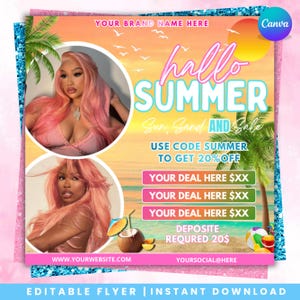 May include: A summer-themed promotional flyer. It showcases two portraits of a person with pink hair. The text "hallo SUMMER" is displayed, alongside "Sun, Sand, and Sale." Includes a discount code and a website address for online shopping.
