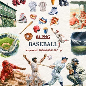 64 akvarell baseboll clipart-paket, matchdagsgrafik, spelare, slagträ, handske (digital nedladdning)