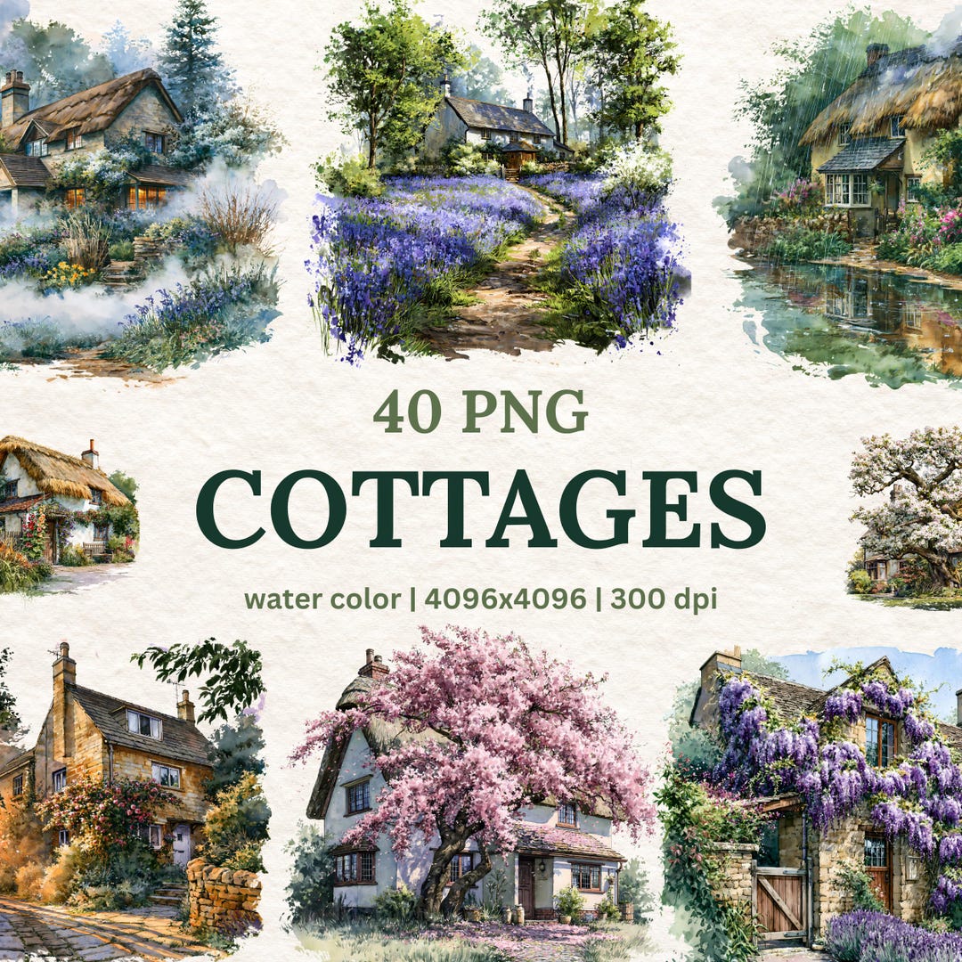 Watercolor Spring Cottage Clipart Bundle, 40 PNG | Flower Garden ...