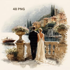 Può includere: Dipinto ad acquerello di una coppia che si affaccia su un lago con una città sullo sfondo. La donna indossa un abito bianco e l'uomo un abito nero. L'immagine include una barca, fiori e il testo "48 PNG".