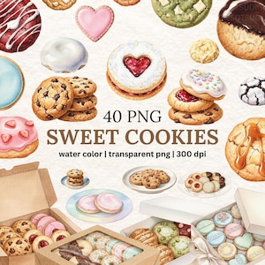 以下が含まれることがあります： チョコレートチップ、アイシング、フィリングなど、さまざまな甘いクッキーの水彩イラスト。画像には、箱や皿に入ったクッキーが含まれており、テキスト「40 PNG SWEET COOKIES water color | transparent png | 300 dpi」が含まれています。