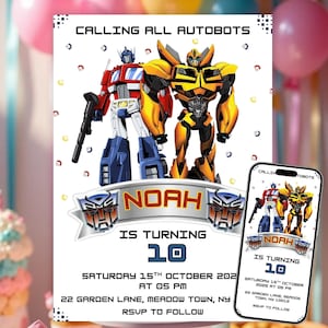 Può includere: Un invito per una festa di compleanno con Optimus Prime e Bumblebee di Transformers. L'invito include il nome "Noah", l'età 10, la data, l'ora e l'indirizzo. Uno smartphone mostra lo stesso design.