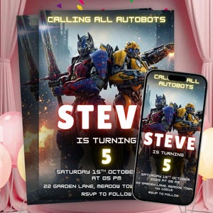 Könnte beinhalten: Geburtstagseinladungen mit Transformers-Motiv. Die Einladungen zeigen den Text "Calling All Autobots" sowie den Namen "Stev" und die Zahl "5". Datum und Uhrzeit der Party sind ebenfalls angegeben.