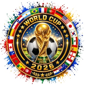 May include: A circular emblem featuring a gold World Cup trophy and a soccer ball in the center, surrounded by a ring of international flags. The text WORLD CUP 2026 is displayed in gold lettering, with colorful paint splatters around the border.