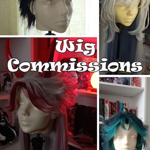 May include: A collage of wigs on mannequin heads, showcasing various styles and colors. The wigs include black, white, blue, and red-streaked designs. The text "Wig Commissions" is overlaid on the image, indicating custom wig services.