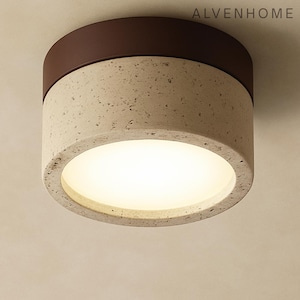 May include: A cylindrical ceiling light fixture with a brown top and a textured, off-white body. The light has a recessed, circular opening that emits a warm glow. The brand name "ALVENHOME" is visible.