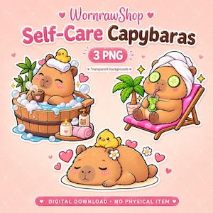 Peut inclure: Trois illustrations numériques de capybaras intitulées WornrawShop Self-Care Capybaras 3 PNG. Un capybara est dans une baignoire en bois avec des bulles, un canard et une bougie. Un autre est sur une chaise longue avec des concombres sur les yeux.