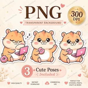 Peut inclure: Trois illustrations numériques d'un hamster brun clair portant des lunettes rondes. Un hamster dort avec un ordinateur portable rose, un tient un beignet rose, et un tient un beignet rose avec un ordinateur portable rose. Texte : PNG, 300 DPI, 3 Cute Poses Included.