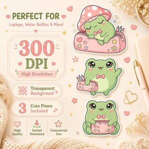Peut inclure: Trois autocollants numériques représentant une grenouille vert clair avec un nœud papillon rose. Une grenouille dort sous un champignon, une fait signe en tenant une trousse, et une est assise avec une trousse. Texte : 300 DPI, Haute Résolution.