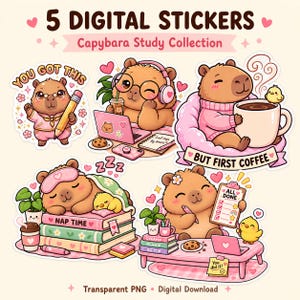 Peut inclure: Un ensemble de 5 autocollants numériques intitulés 5 DIGITAL STICKERS Capybara Study Collection. Les autocollants présentent des capybaras bruns dans diverses scènes d'étude et de détente avec des accents roses, incluant du texte comme YOU GOT THIS.