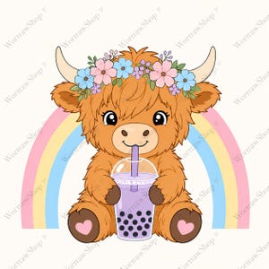 Highland Cow Boba Tea PNG - Cute Kawaii Bubble Tea Clipart, Retro Pastel Rainbow Cow Sublimation Design for T-Shirts, Digital Download