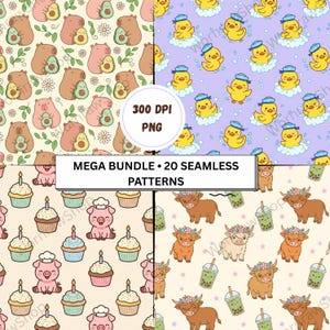 Peut inclure: Un graphique numérique présentant quatre motifs continus : capybaras avec avocats, canards jaunes avec chapeaux de marin, cochons avec cupcakes et vaches highland avec thé aux perles. Le texte indique 300 DPI PNG MEGA BUNDLE 20 SEAMLESS PATTERNS.
