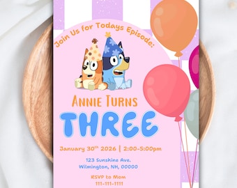 Invitación de tercer cumpleaños de Pink Bluey / Invitación editable para fiesta de tercer cumpleaños (plantilla digital)