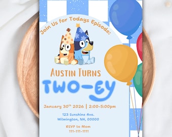 Invitación de cumpleaños de Bluey Two-Ey / Invitación editable para segundo cumpleaños (Plantilla digital)