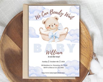 Invitación para baby shower con temática de osito azul y nubes de acuarela (plantilla digital)