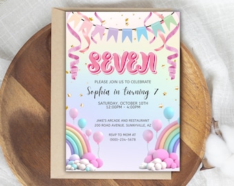 Invitación de cumpleaños arcoíris para séptimo cumpleaños, plantilla de descarga instantánea, multicolor