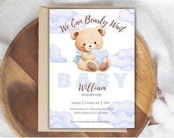 Invitación para baby shower con temática de oso azul y nubes de acuarela (plantilla digital)