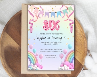 Invitación de cumpleaños de niña arcoíris, sexto cumpleaños, plantilla de descarga instantánea, multicolor