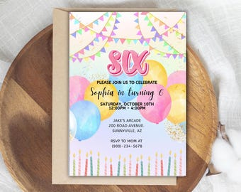 Invitación de cumpleaños arcoíris para niña de 6 años (plantilla Canva, descarga digital)