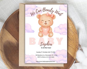 Invitación para baby shower con temática de oso rosa y nubes de acuarela (plantilla digital)