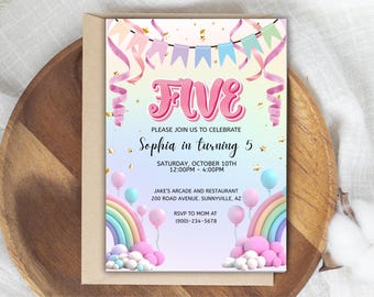 Invitación de cumpleaños de niña arcoíris, 5.º cumpleaños, plantilla de descarga instantánea, multicolor