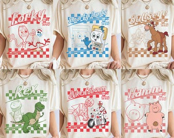 Retro Disney Pixar Toy Story 5 All Characters Checkered Signature Shirt, Woody, Buzz, Jessie, Bo Peep, Lilypad Personalized Toy Story Group