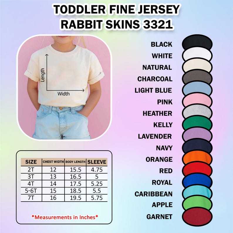 May include: A cream-colored toddler fine jersey t-shirt with rolled-up sleeves. The image includes a size chart with chest width, body length, and sleeve measurements in inches. Color options are displayed, including black, white, and pink.