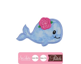 Cute Whale with Rose Patch - Iron on patch - Sew on patch - Applique patch