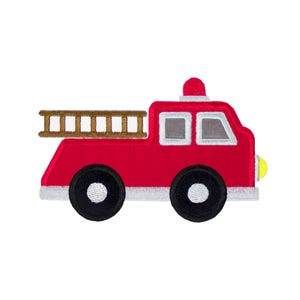 May include: A red fire truck with black wheels, a brown ladder, and a red light on top. The fire truck has two windows and a yellow headlight. The design is embroidered with white and gray accents.