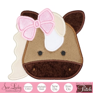 Girl Horse Head with Pink Glitter Bow - Western Patch - Animal Patch - Iron on patch - Sew on patch - Applique patch