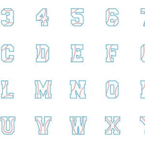 Baseball varsity alphabet and number applique patches chart to show what each number or letter looks like. White letters and numbers outlined and red baseball stitching details, includes 0–9 and A–Z for custom sports jerseys, team shirts, hats and bags, iron on or sew on patches