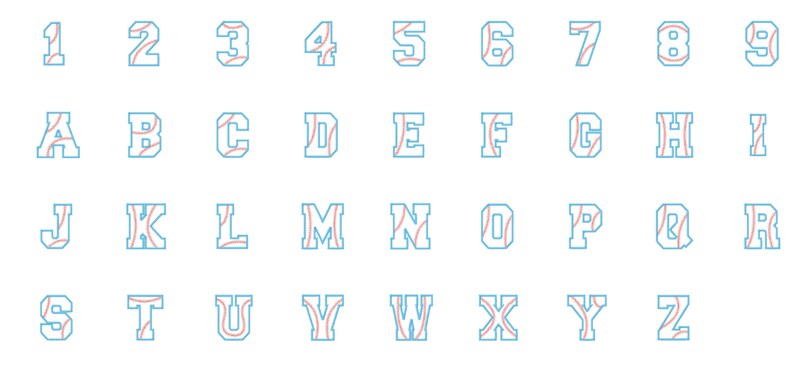 Baseball varsity alphabet and number applique patches chart to show what each number or letter looks like. White letters and numbers outlined and red baseball stitching details, includes 0–9 and A–Z for custom sports jerseys, team shirts, hats and bags, iron on or sew on patches