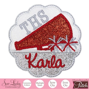Cheer Megaphone Name Patch, Custom Glitter Embroidered Patch for Team Jackets, Bags, Uniforms, Iron-On or Sew-On, Personalized Spirit Gift