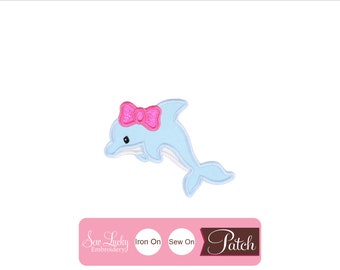 Girl Dolphin with Pink Glitter Bow Patch - Iron on patch - Sew on patch - Applique patch