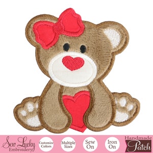 Girl Bear with Heart Patch - Sew on Patch - Iron on Patch - Animal Patch - Applique Patch